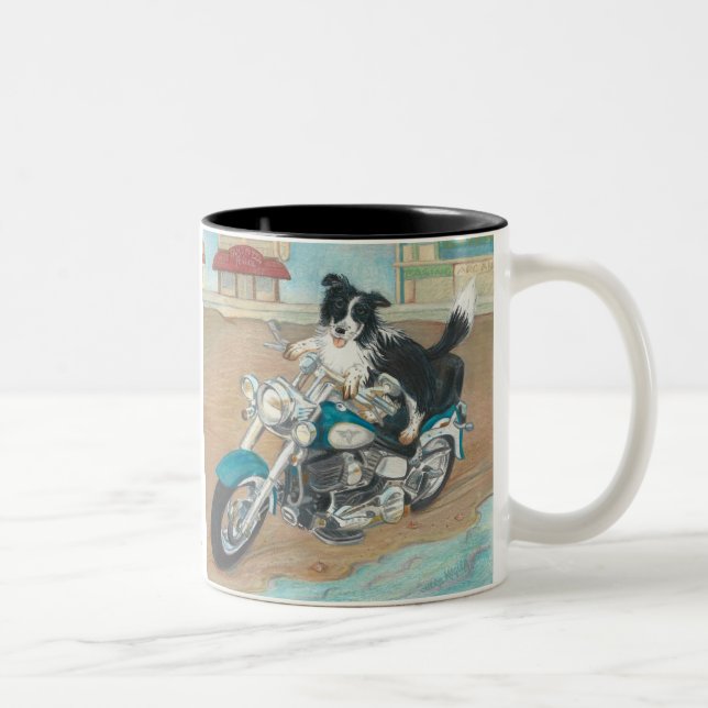 Hund auf Motorrad Zweifarbige Tasse (Rechts)