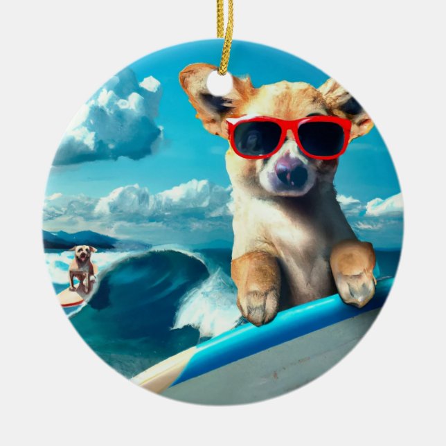 Hund auf Surfboard mit Sonnenbrille AI Art Weihnac Keramik Ornament (Vorne)
