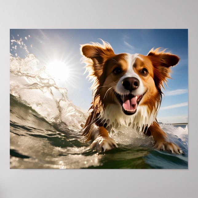 Hund auf Surfbrett Poster (Vorne)