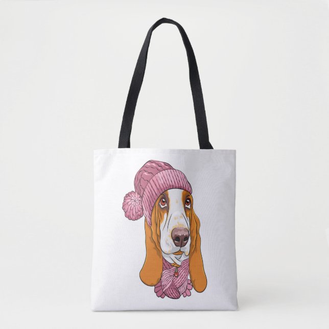 Hund Basset Hound Rasse in Strickhut (Vorderseite)