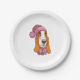 Hund Basset Hound Rasse in Strickhut Pappteller