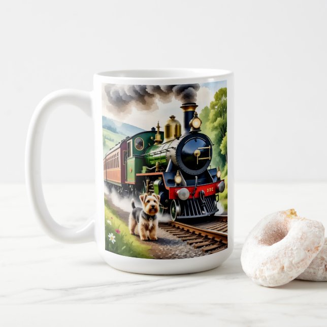Hund begrüßt Dampflok Kaffeetasse (Mit Donut)