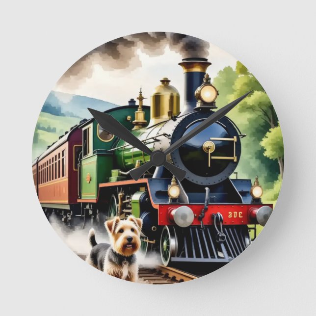 Hund begrüßt Dampflok Runde Wanduhr (Vorderseite)