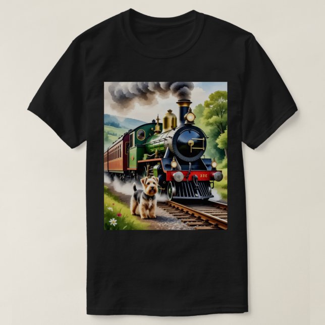 Hund begrüßt Dampflok T-Shirt (Design vorne)