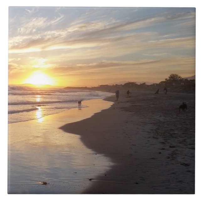 Hund bei Sunset California Dreaming Tile Fliese (Vorderseite)