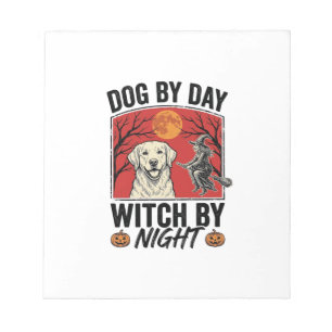 Hund bei Tag, Hexe bei Nacht, Vintage-Halloween-Hu Notizblock