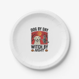 Hund bei Tag, Hexe bei Nacht, Vintage-Halloween-Hu Pappteller