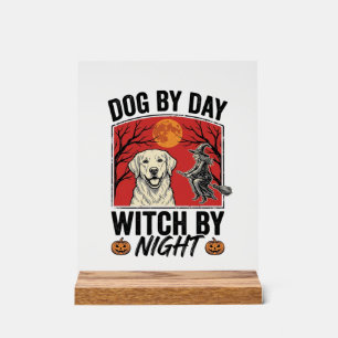 Hund bei Tag, Hexe bei Nacht Vintage-Halloween-Hun Acrylschild