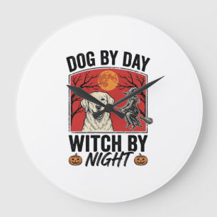 Hund bei Tag, Hexe bei Nacht Vintage-Halloween-Hun Große Wanduhr