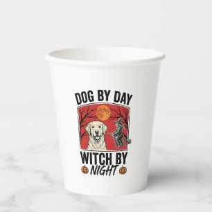 Hund bei Tag, Hexe bei Nacht Vintage-Halloween-Hun Pappbecher