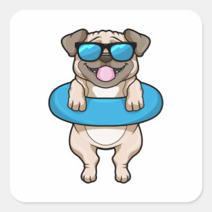 Hund beim Baden mit Schwimmring Quadratischer Aufkleber