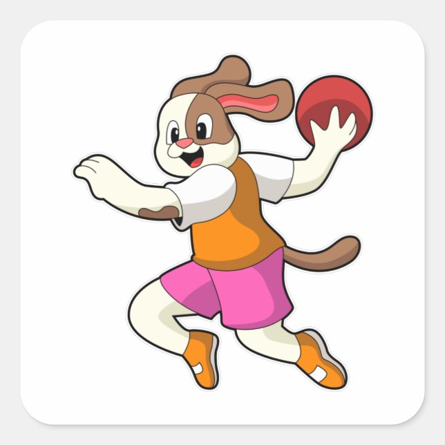 Hund beim Handballspieler mit Handball Quadratischer Aufkleber (Vorderseite)