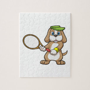 Hund beim Tennis mit Tennisschläger und Mütze Puzzle