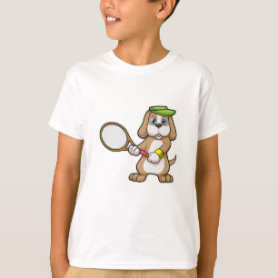 Hund beim Tennis mit Tennisschläger und Mütze T-Shirt