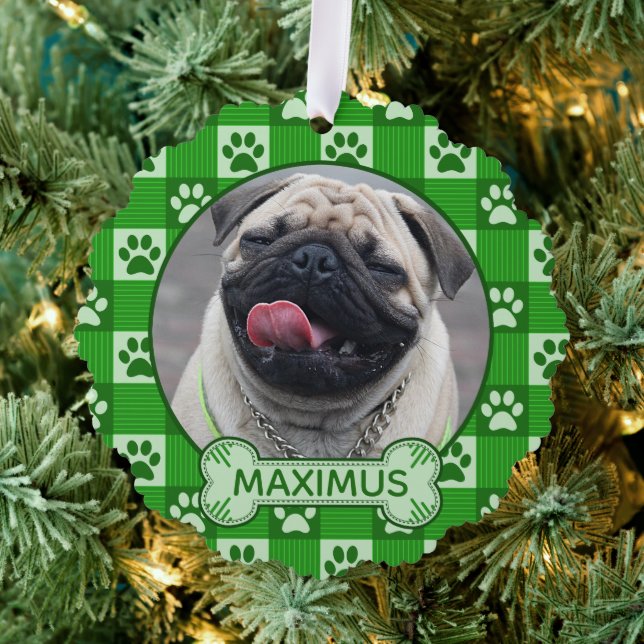 Hund benutzerdefiniertes Foto und Name Green Paw P Ornament Karte (Insitu (Baum))
