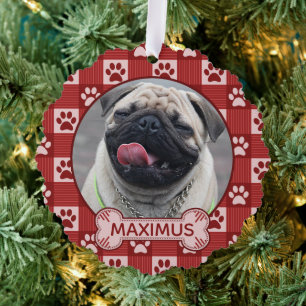 Hund Benutzerdefiniertes Foto und Name Red Paw Pri Ornament Karte