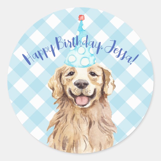 Hund Birthday Party Personalisiert Sticker Gingham (Vorderseite)