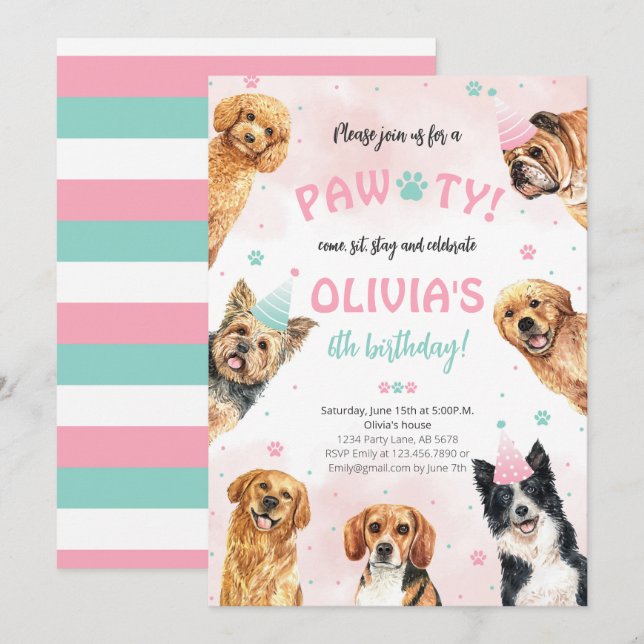 Hund Birthday Pawty Einladung (Vorne/Hinten)