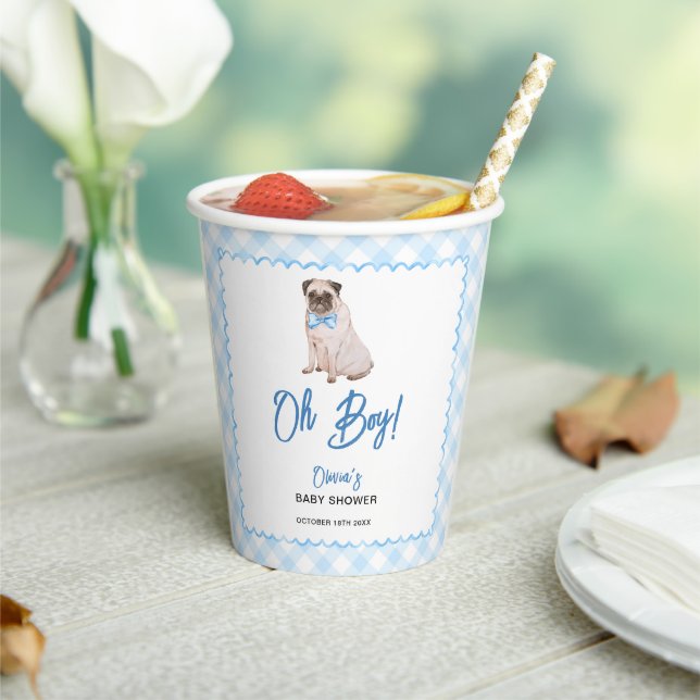 Hund Blau Gingham Oh Junge Baby-Party Pappbecher (In Situ)