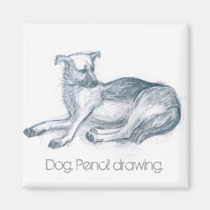 Hund. Bleistift zeichnend. Magnet