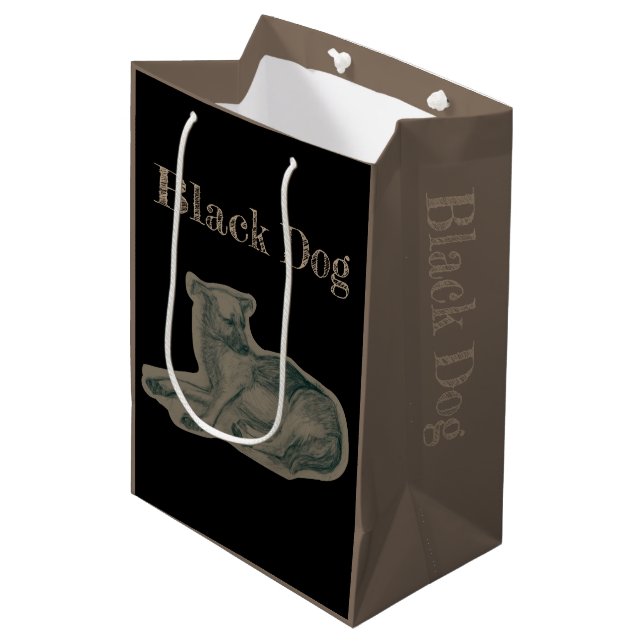 Hund. Bleistift zeichnend. Mittlere Geschenktüte (Vorderseite Schrägansicht)