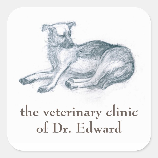 Hund. Bleistift zeichnend. Quadratischer Aufkleber (Vorderseite)
