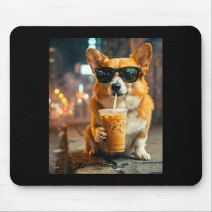 Hund Corgi trinkt eisgekühlten Kaffee lustiges Tie Mousepad