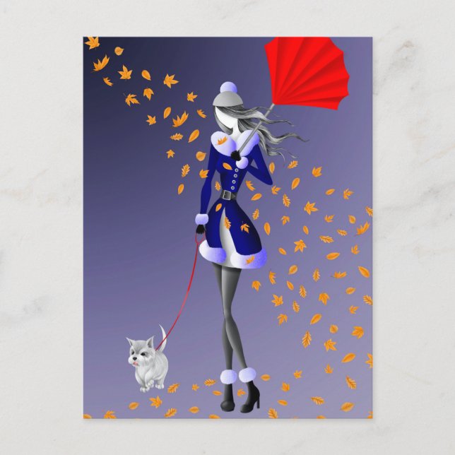 Hund & Dame Herbstblätter Blau  Postkarte (Vorderseite)