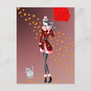 Hund & Dame Herbstblätter Rot Postkarte