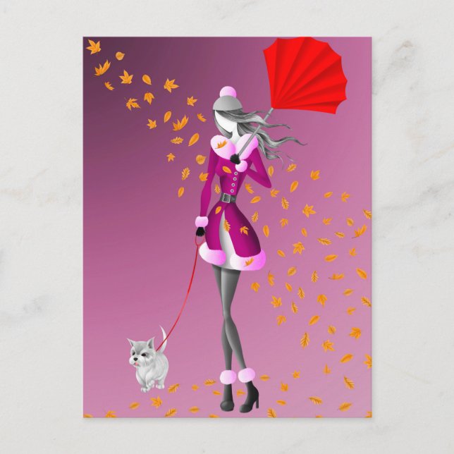 Hund & Dame Herbstlaub Rosa Postkarte (Vorderseite)