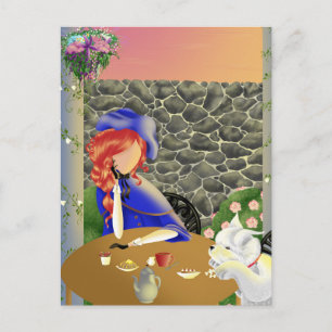 Hund & Dame im Café bei Sonnenuntergang Postkarte