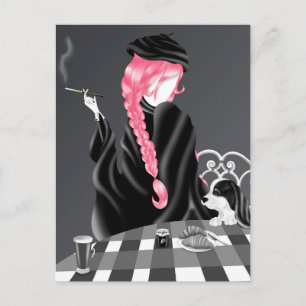Hund & Dame im Café Pink Hair Postcard Postkarte