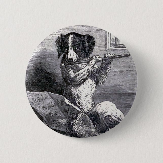 "Hund, der die Flöten-" Vintage Illustration Button (Vorderseite)