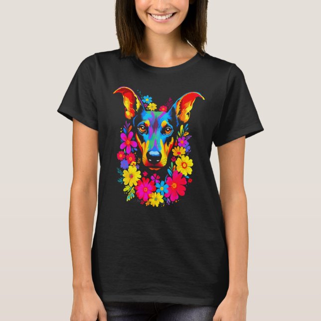 Hund Dobermann Pinscher Blumen T-Shirt (Vorderseite)
