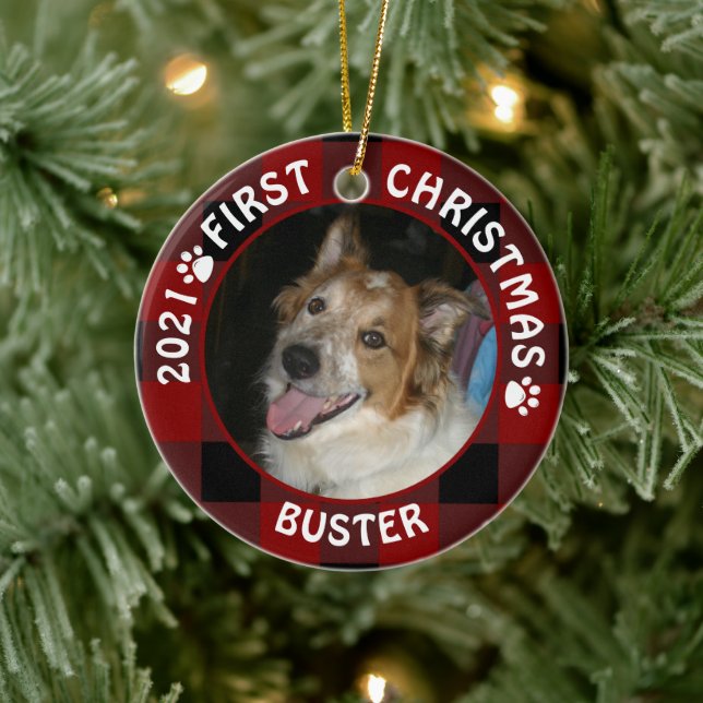 Hund ERSTE CHRISTMAS Red Buffalo Kariert 2 Foto Keramik Ornament (Baum)