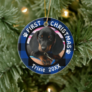 Hund Erste Weihnachten 2-Foto Blau und Schwarz Kar Keramikornament