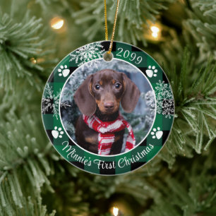 Hund Erste Weihnachtsschneeflocke Foto Grün Karier Keramik Ornament