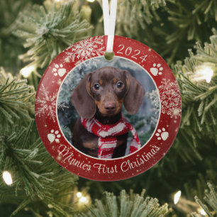 Hund Erste Weihnachtsschneeflocke Foto Red White Ornament Aus Glas
