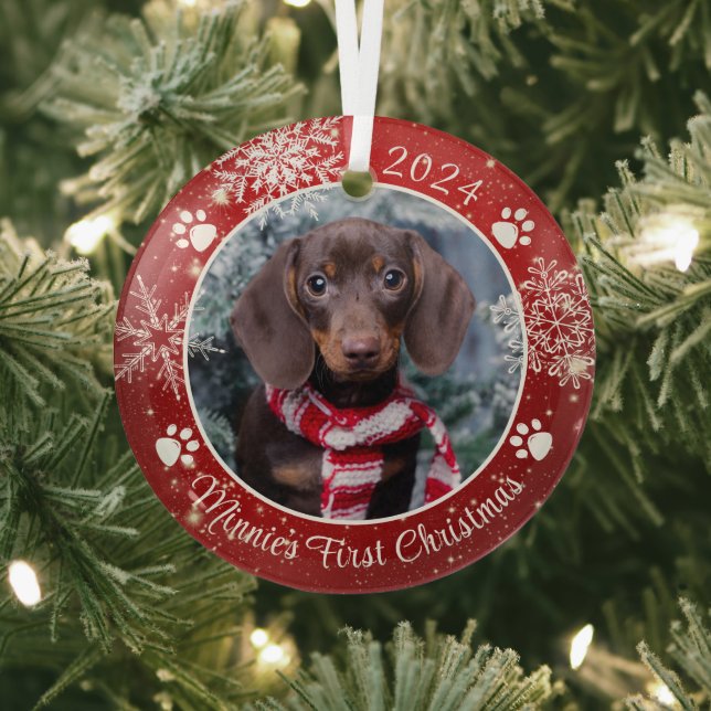 Hund Erste Weihnachtsschneeflocke Foto Red White Ornament Aus Glas (InSitu)