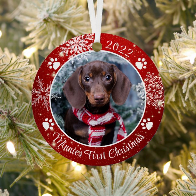 Hund Erste Weihnachtsschneeflocke Foto Red White Ornament Aus Metall