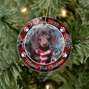 Hund Erste Weihnachtsschneeflocke Foto Rot Kariert Keramik Ornament