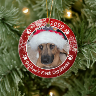 Hund Erste Weihnachtsschneeflocken 2 Foto Rot Keramik Ornament