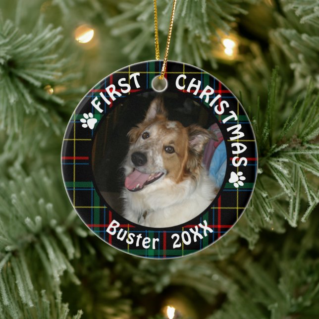 Hund Erste Weihnachtszeit 2-Foto 2-seitig Kariert Keramik Ornament (Baum)