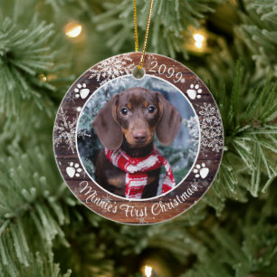 Hund Erste Weihnachtszeit Rustikales Holz Schneefl Keramik Ornament