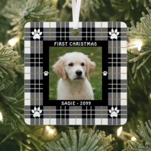 Hund FIRST CHRISTMAS Schwarz-weiß Tan Kariert 2 Fo Ornament Aus Metall