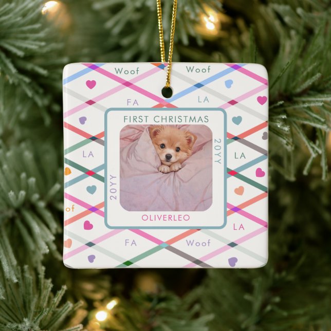 Hund Foto Erste Weihnachtswoof Pastel Muster Keramikornament (Baum)