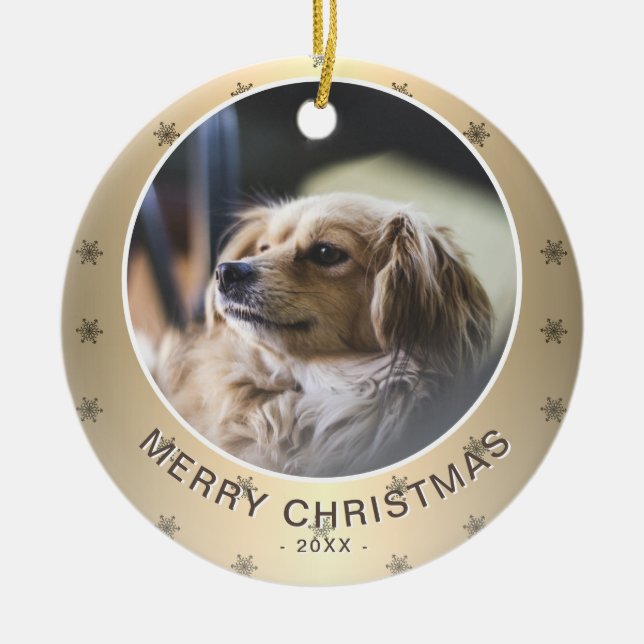 Hund Foto Golden Snowflake Metallische Weihnachten Keramik Ornament (Vorne)