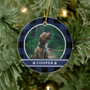 Hund Foto Navy Blue Kariert Tartan Keramik Ornament