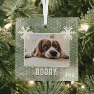 Hund Foto Schneeflocken Grün Hausname Weihnachten Ornament Aus Glas