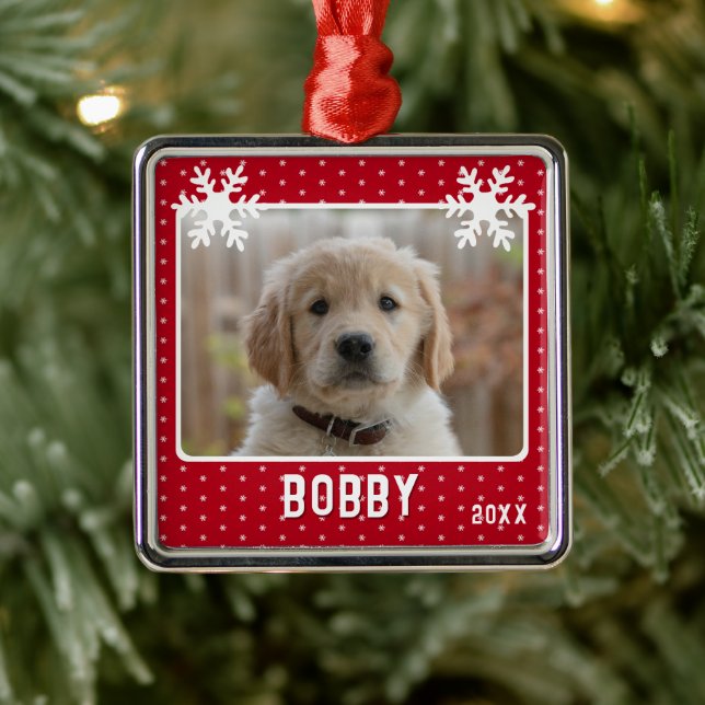Hund Foto Schneeflocken Roter Hausname Weihnachten Ornament Aus Metall (Baum)